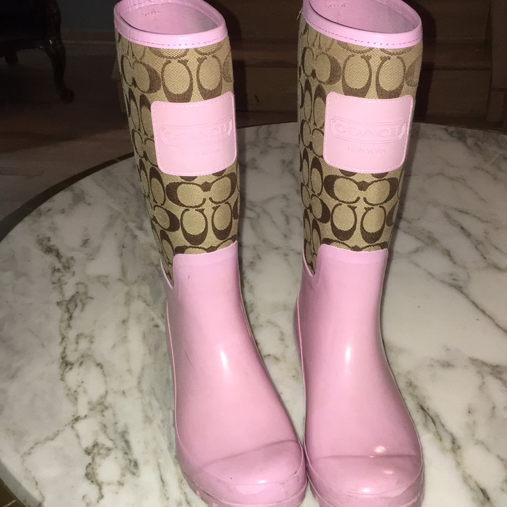 Pink coach rubber boots with khaki Coach print.